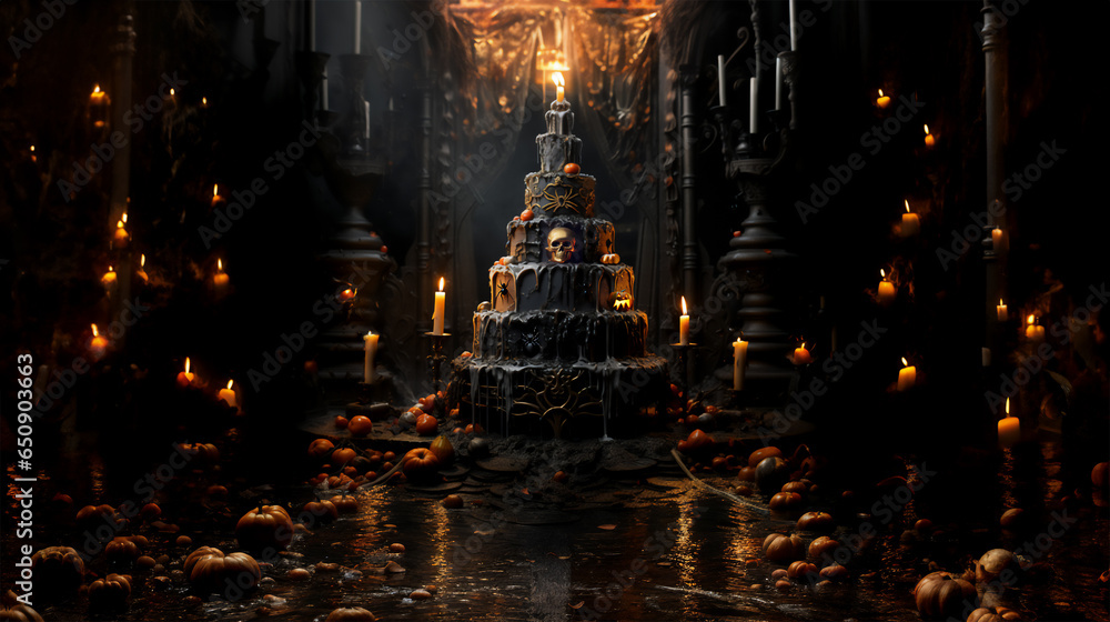 Death of pumpkin cake, the scariest cake on Halloween. Cake in the wet dungeon: candles, pumpkins and spiders everywhere. Death of pumpkin cake, the scariest cake on Halloween. Cake in the wet dungeon: candles, pumpkins and spiders everywhere.