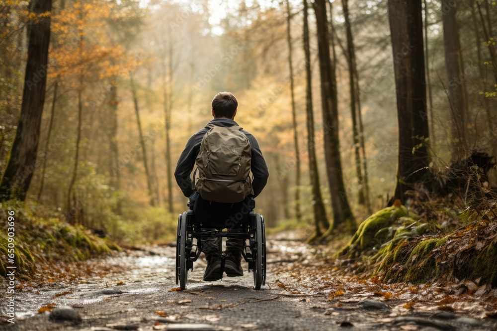 A person with a mobility impairment confidently navigating a wheelchair-accessible trail in a beautiful natural setting. Concept of accessible outdoor recreation. Generative Ai.