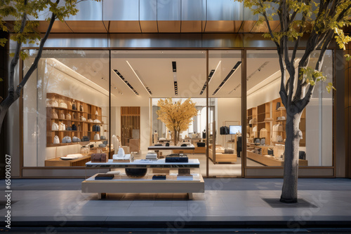 A sleek, modern storefront of a high-end retail shop, emphasizing the importance of visual merchandising. Generative Ai.