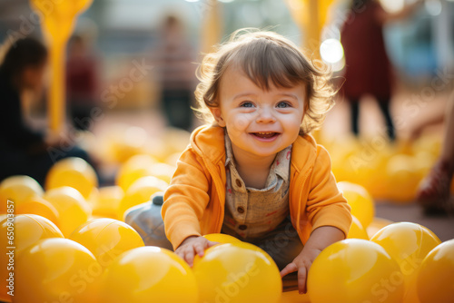 A young child with Down syndrome participating in inclusive play with peers, promoting social development. Generative Ai.