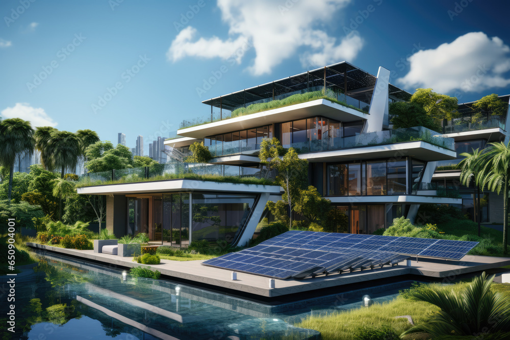 A concept of energy-efficient buildings with integrated solar panels and passive design principles. Generative Ai.