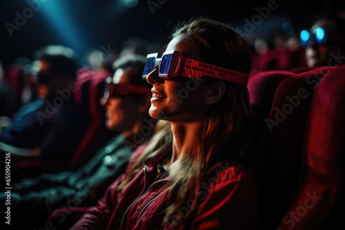 A 3D glasses-wearing audience in a contemporary cinema, highlighting technological advancements. Generative Ai.