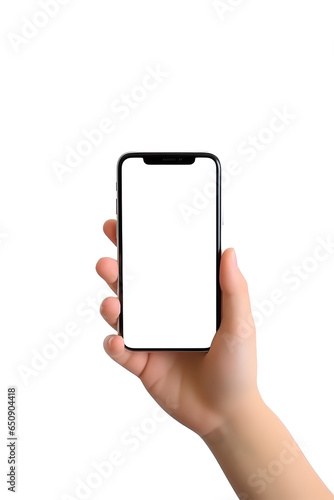 smartphone in hand on a transparent background with a transparent screen  mockup of a smartphone in hand on a white background  blank screen of a smartphone on a clean background