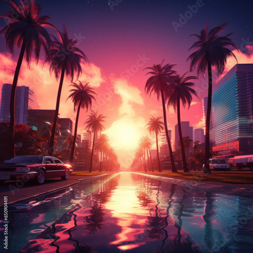 beautiful view of a sunset with palm trees
