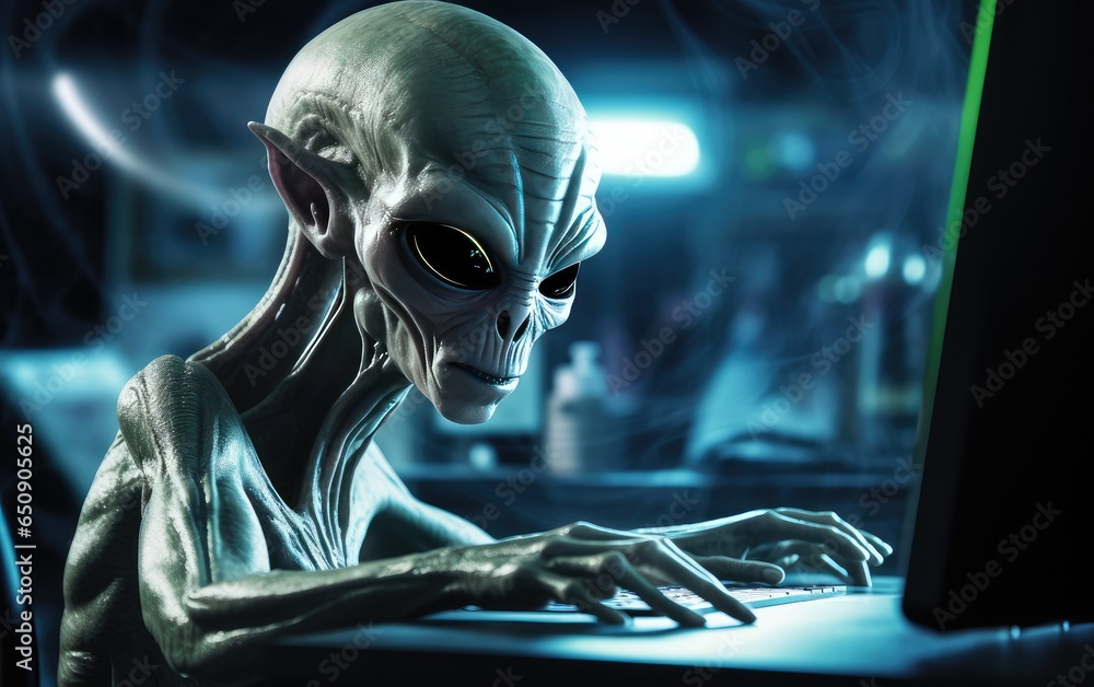 alien hacker at a laptop cracking a digital code. cyber attacks ...