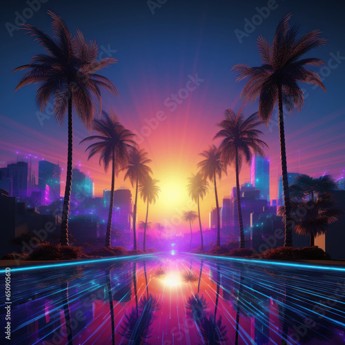 beautiful view of a city with retro neon palm trees with a beautiful sunset in high resolution and sharpness