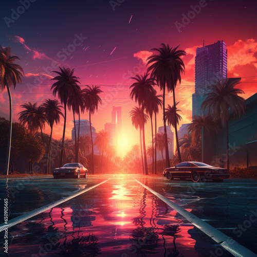 beautiful view of a city with retro neon palm trees with a sunset © Marco