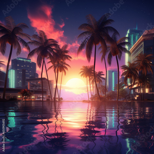 beautiful view of a city with retro palm trees