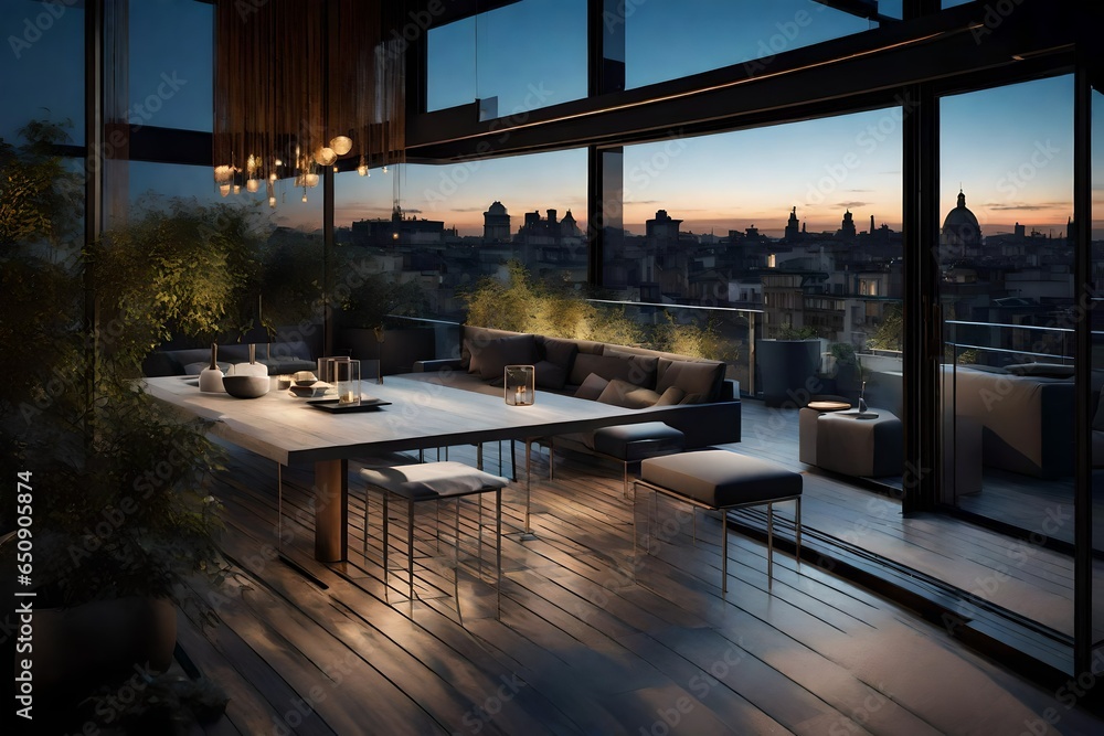 On the penthouse terrace, a breathtaking view of the city unfolds before your eyes