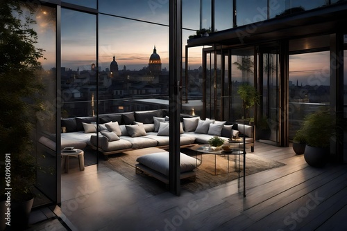 On the penthouse terrace  a breathtaking view of the city unfolds before your eyes