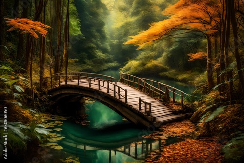 bridge in autumn forest AI Generated 
