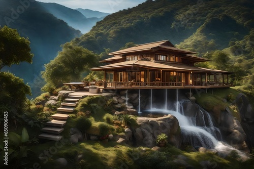 super realistic small hut house near a beautiful waterfall on top of a hill © SardarMuhammad