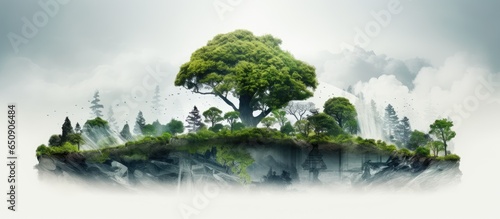 White background with clipping path isolates a world tree concept representing double exposure in the environment © AkuAku