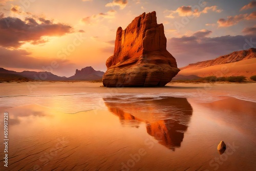 The desert landscape is bathed in the warm hues of sunset, and Ship Rock stands as a majestic sentinel against the fading light