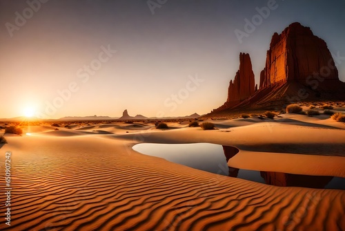 The desert landscape is bathed in the warm hues of sunset, and Ship Rock stands as a majestic sentinel against the fading light photo