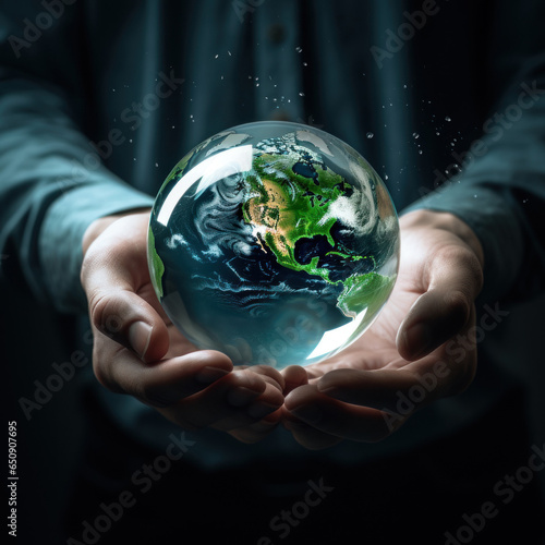 hand of a person holding a crystal ball and the earth inside