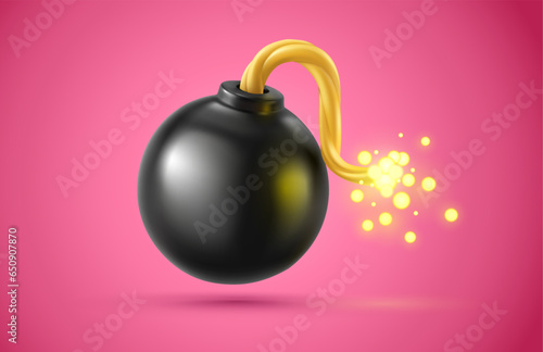 Black bomb with burning rope fuse. Realistic isolated. Vector