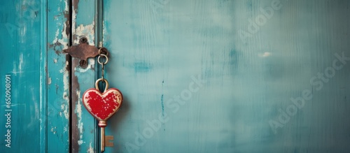 Valentine s Day concept background with a rustic heart hanging on an old blue door symbolizing home and love