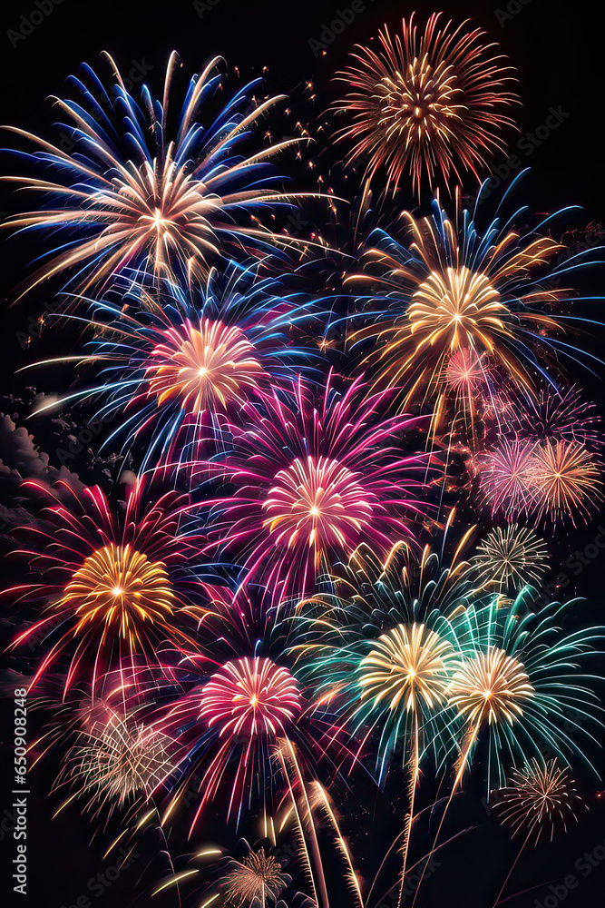 Beautiful multicolored fireworks, sparks, explosions.