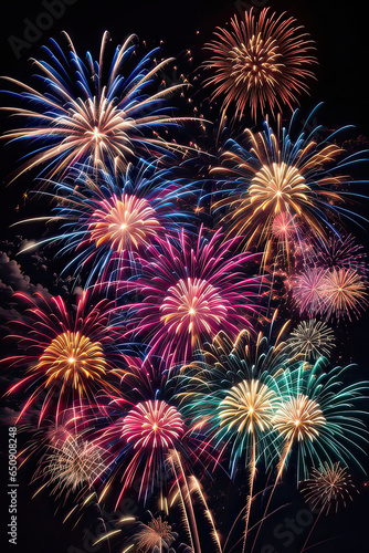 Beautiful multicolored fireworks, sparks, explosions.