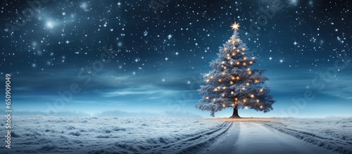 Lit Christmas tree in snowy night with blank area © AkuAku