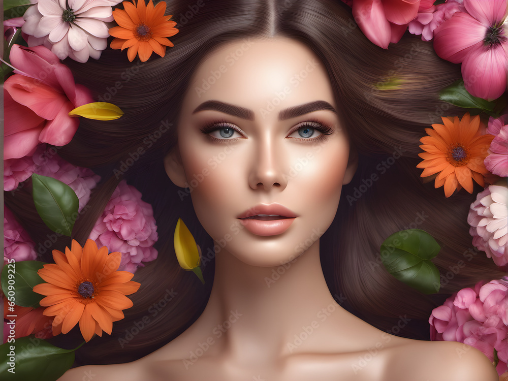 beautiful woman in flowers. clean healthy skin natural makeup. fashion beauty photos of a beautiful model in flowers. Cosmetology, freshness, beauty. generative AI beautiful woman in flowers. clean healthy skin natural makeup. fashion beauty photos of a beautiful model in flowers. Cosmetology, freshness, beauty. generative AI