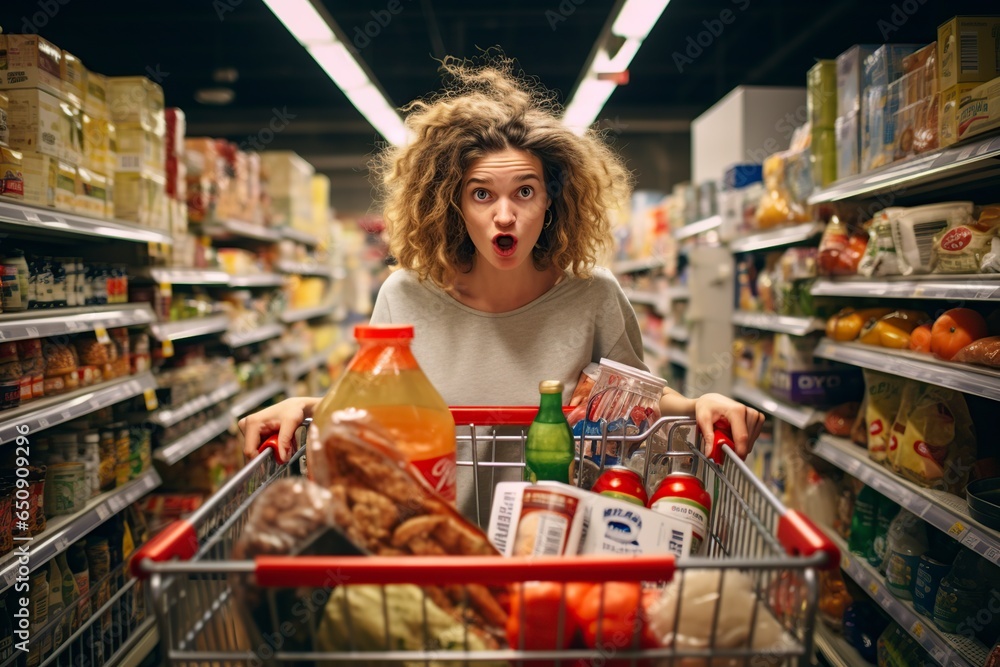 woman with a basket of food in the supermarket or grocery store