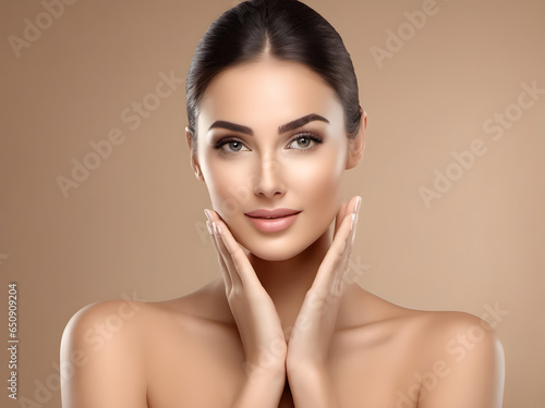 Beauty spa woman with perfect skin portrait. Beautiful brunette with empty copy space. Cosmetology, freshness, beauty. generative AI