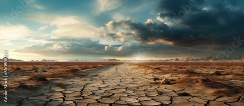 Fotografia digital illustration of a cracked stormy highway in a deserted desert with grain