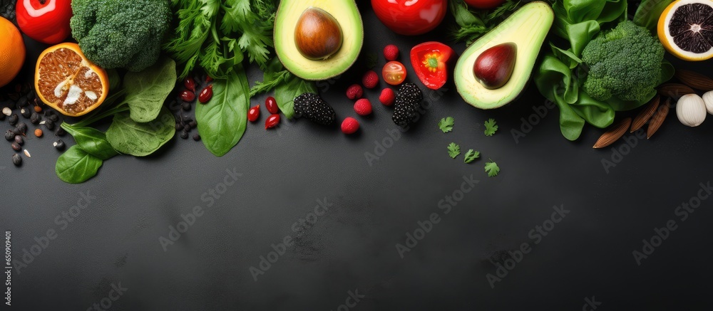 Top view of fresh healthy vegan and vegetarian food on a grey background conveying the concept of diet detox and clean eating Panoramic banner with copy space