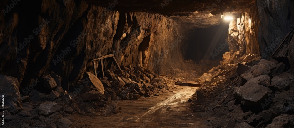 Deserted limestone mine tunnel - obrazy, fototapety, plakaty 