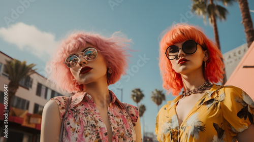 young and stylish teenager female with trendy pink hair at sunset, woman in California or Florida, Miami style, modern youth photo