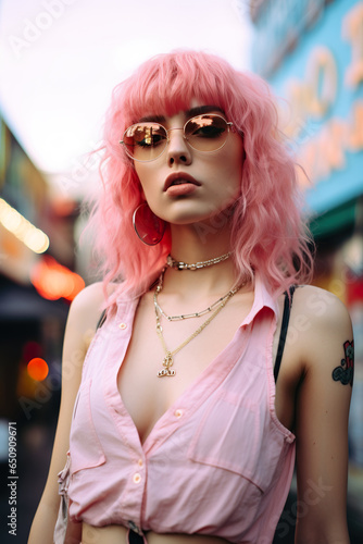 young and stylish teenager female with trendy pink hair at sunset, woman in California or Florida, Miami style, modern youth © goami