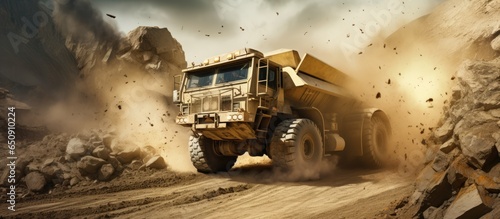 Large mining dump truck removes stone rock from limestone quarry