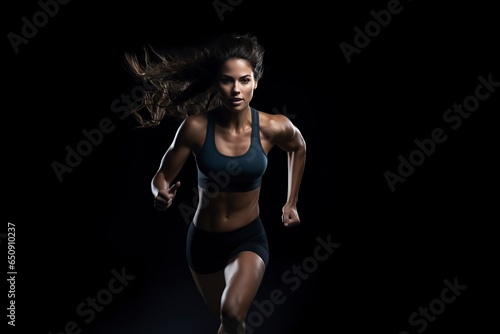 strong athletic female sprinter running on black background