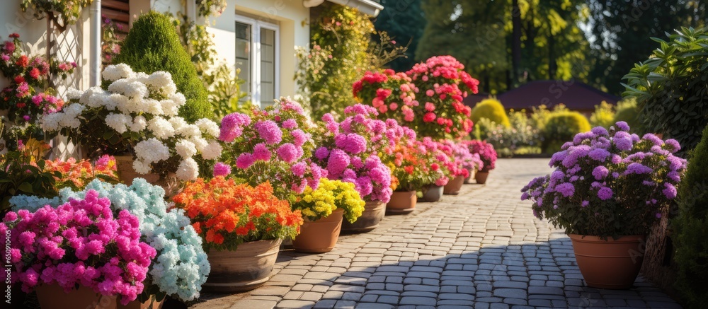 Garden entrance to a house with potted plants and flowers