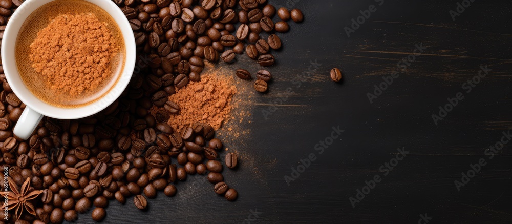 Top view of roasted coffee beans brown sugar and espresso coffee with copy space Top view of roasted coffee beans brown sugar and espresso coffee with copy space