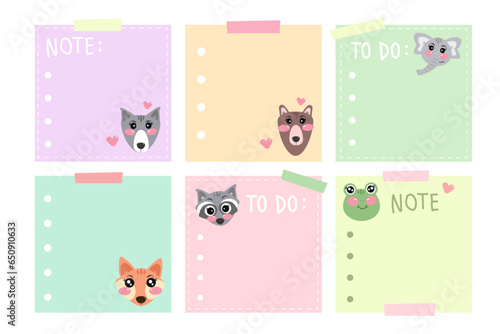 Set of vector notes or reminder with cute kawaii animals. Memo note organizer. Note, notes template for kids, for children. Ready for print. Kawaii cutie stationery for little children