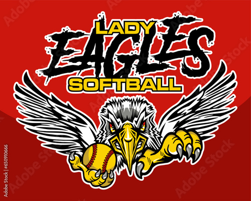 lady eagles team design with mascot holding softball for school, college or league sports
