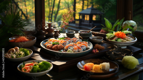 Sushi, a typical Japanese dish based on rice, filled with fish, seaweed, nori, eggs, etc