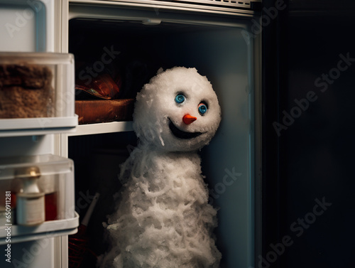 Generative AI image of smiling snowman standing inside fridge melting photo