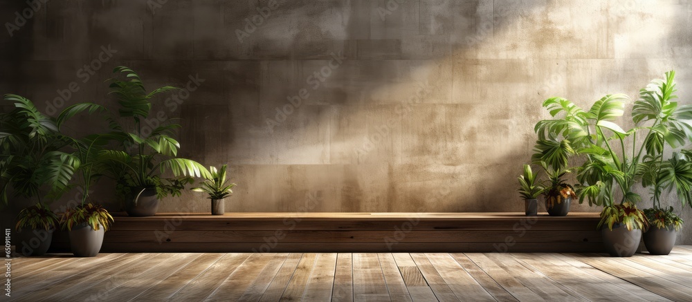 Rendered wood wall with concrete floor backdrop hides tropical garden sunlight enters room - obrazy, fototapety, plakaty 