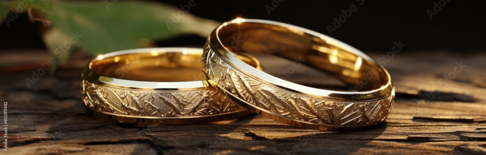 Golden wedding rings on old wooden surface