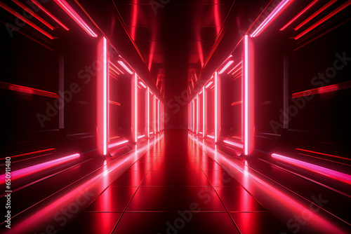 Generative AI illustration of abstract background of endless futuristic tunnel with geometric design in perspective view with red neon light photo