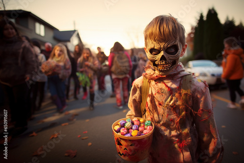 Generative AI image of kid in skull face looking at camera while standing with basket of Halloween trick or treat sweets against blurred street with people photo