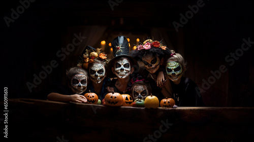 Generative AI image of group of young people in cruel face masks looking at camera while standing at table with Halloween lamps in light in dark room photo