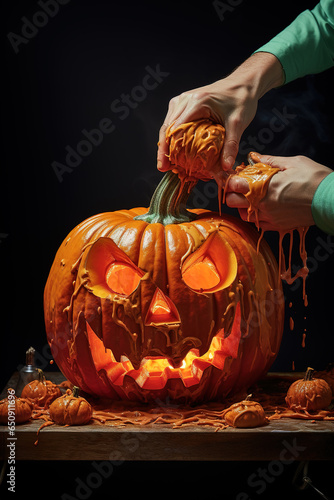 Generative AI image of crop man making scary pumpkin on wooden table against dark background in Halloween celebration photo