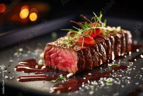 Generative AI illustration from above of appetizing juicy beef steak served on a board in a restaurant in blurred background photo