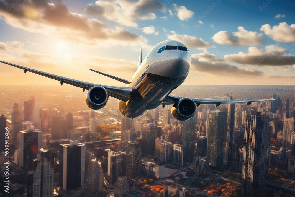 The plane flies over the city with skyscrapers.