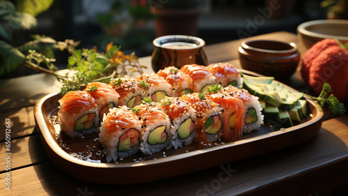 Sushi, a typical Japanese dish based on rice, filled with fish, seaweed, nori, eggs, etc
